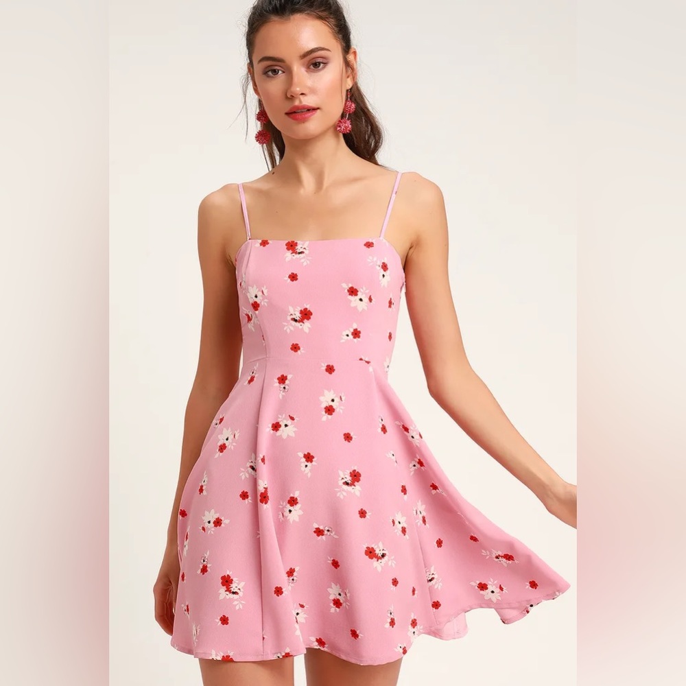 Lulu’s Blithe Pink Floral Print Skater Dress